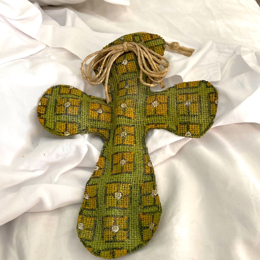 Hand made olive green burlap painted cross wall hanging.